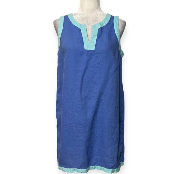 Sigrid Olsen 100% Linen Sleeveless Dress M Blue with Mint Trim, Casual Summer - Picture 1 of 8